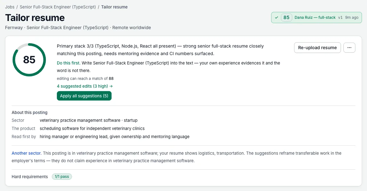 Tailor resume: a match score of 85 with the primary stack 3/3, the one edit to make first, editing can reach 88, Apply all suggestions (5), and what the posting is — sector, product, who reads it first